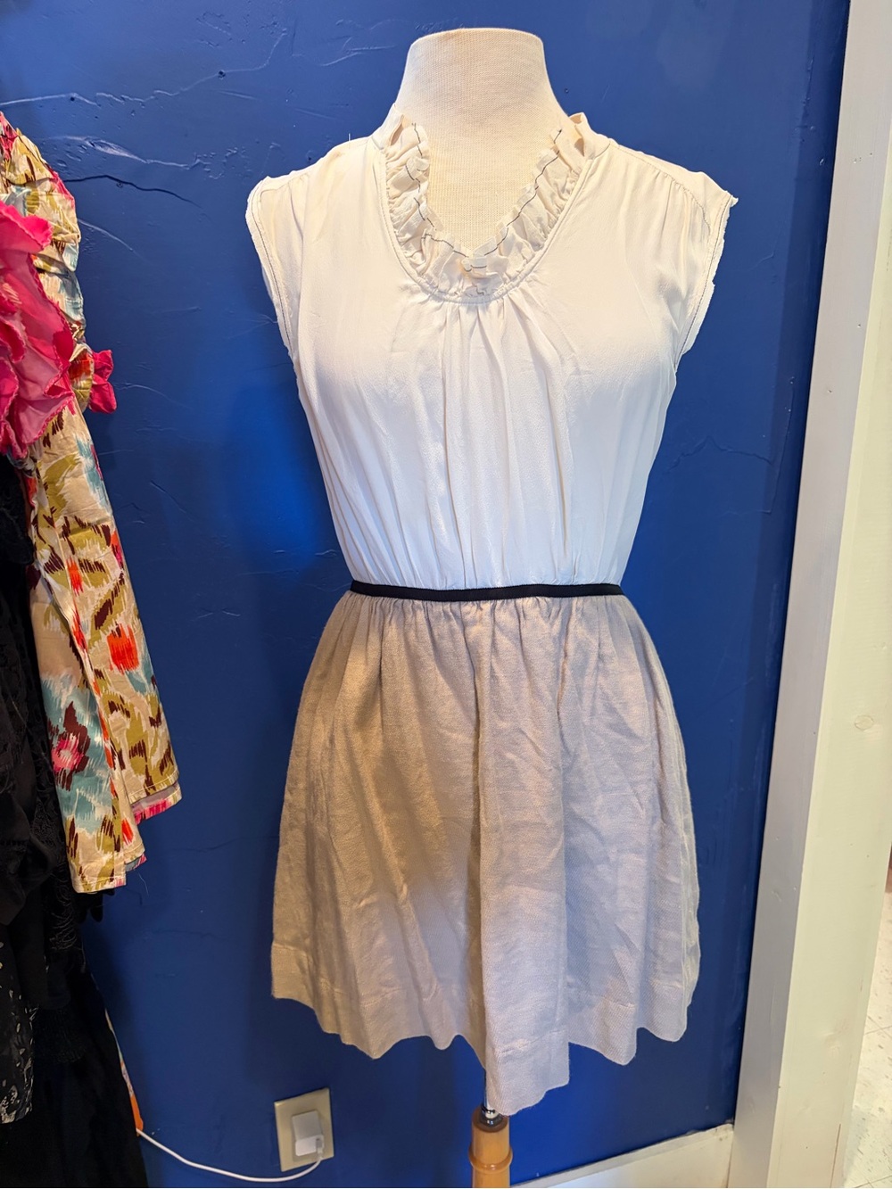 Rebecca Taylor White Ruffle Neck Dress with Neutral Skirt